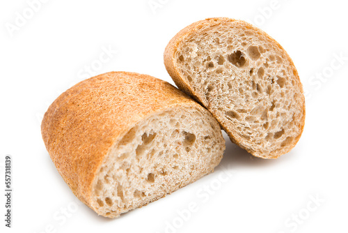 Two halves of ciabatta (Italian bread) isolated on a white background. 