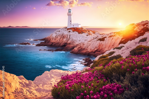 Colorful morning scene of Sardinia, Italy, Europe. Fantastic sunrise on Capo San Marco Lighthouse on Del Sinis peninsula. Picturesque seascape of Mediterranean sea. Digital artwork	 photo