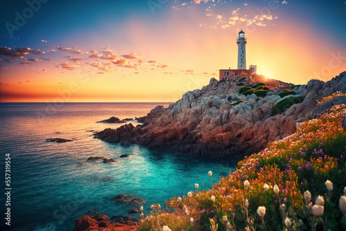Colorful morning scene of Sardinia, Italy, Europe. Fantastic sunrise on Capo San Marco Lighthouse on Del Sinis peninsula. Picturesque seascape of Mediterranean sea. Digital artwork 