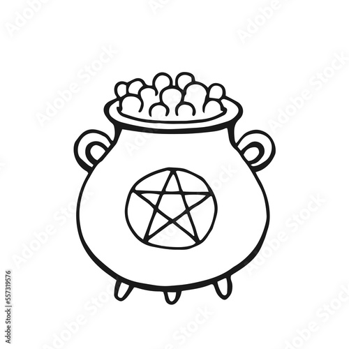 Boiling witch cauldron. Hand drawn vector illustration isolated on white background.