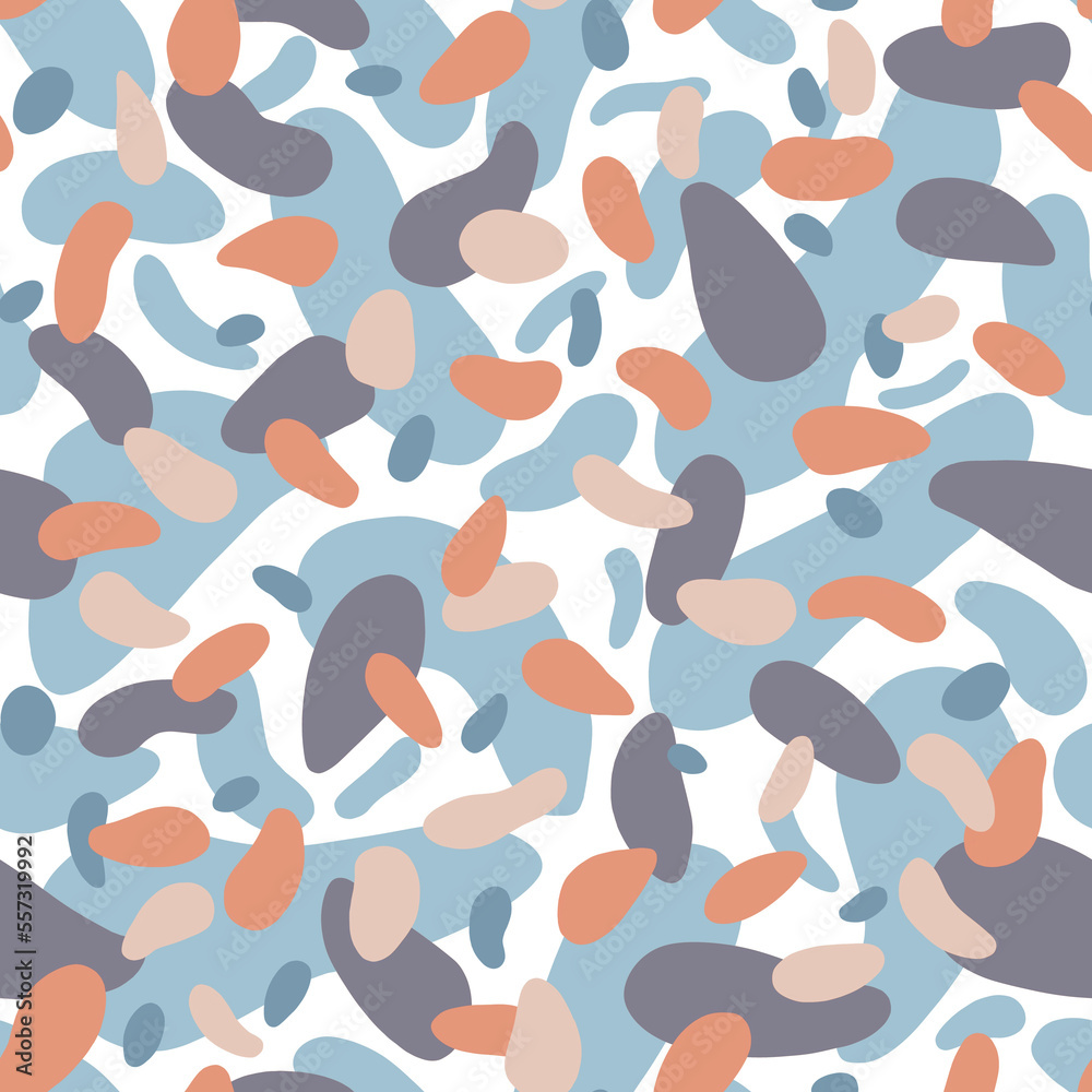 Abstract layered seamless pattern with pastel muted colored oval shapes on a white background