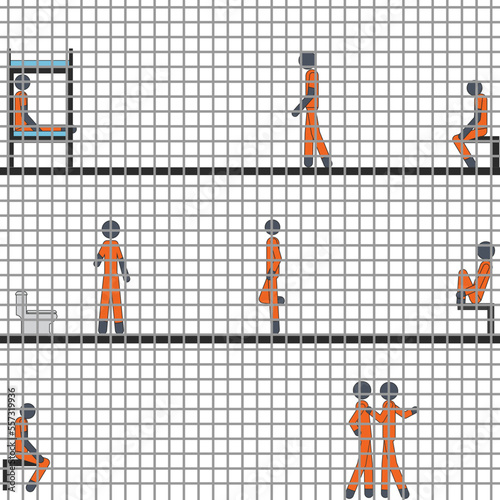 Prison. Prisoners behind bars in orange uniforms. Vector illustration