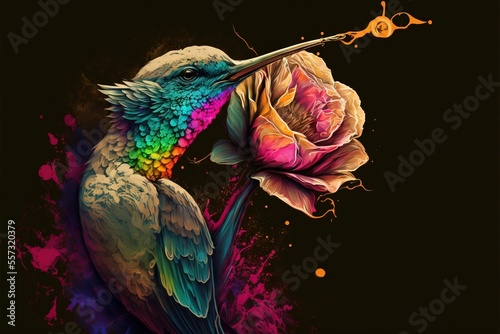 Canvas Print a colorful bird with a flower in its beak and a splotter of paint on it's body