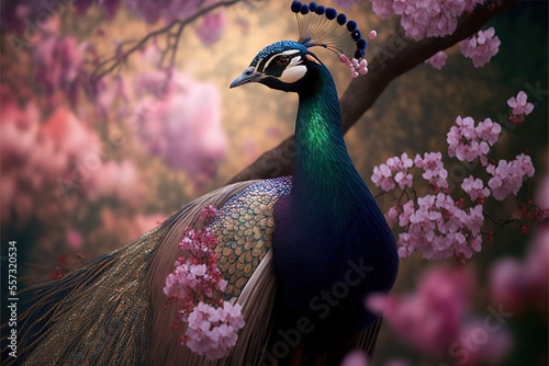  a peacock standing in front of a tree with pink flowers on it's branches and a bird with a long tail. Generative AI