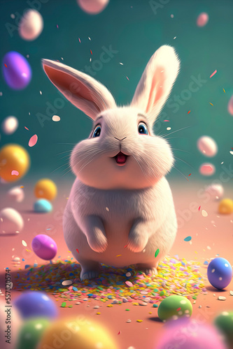 easter bunny with colorful eggs and confetti on colorful background © Lemart