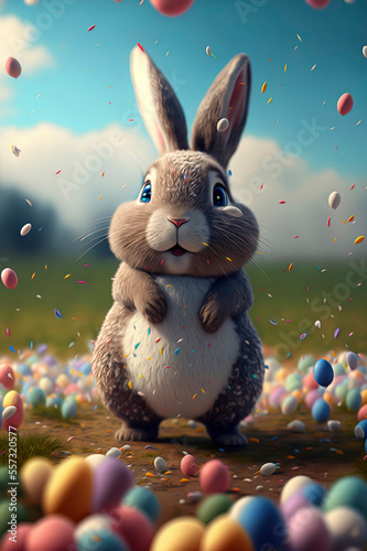cute Rabbit with easter eggs and falling confetti, sky background © Lemart