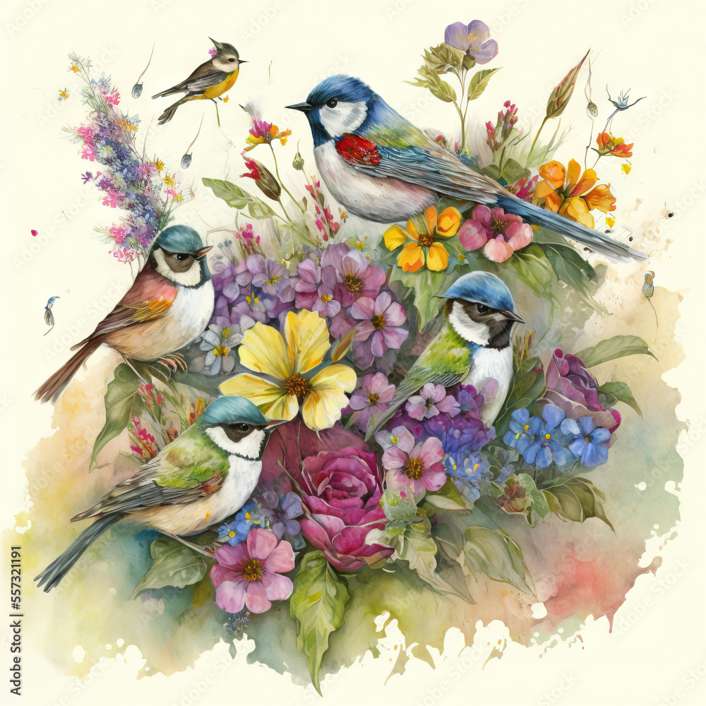 a painting of birds and flowers on a white background with watercolor ...