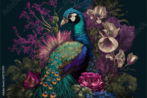 Canvastavla a painting of a peacock surrounded by flowers and flowers on a dark background with a blue background and a purple flower