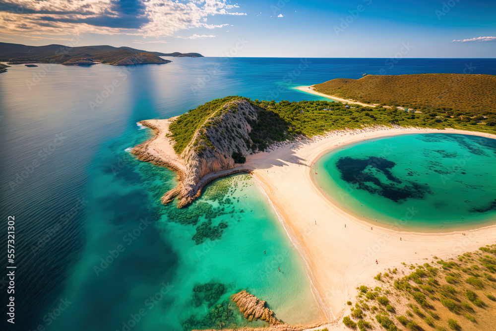 aerial view of Croatia's Rab island's stunning Rajska beach. The largest sandy beach in Lopar is Paradise Beach on the Croatian island of Rab. Generative AI - obrazy, fototapety, plakaty 