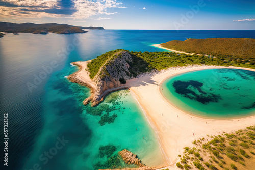 aerial view of Croatia's Rab island's stunning Rajska beach. The largest sandy beach in Lopar is Paradise Beach on the Croatian island of Rab. Generative AI photo