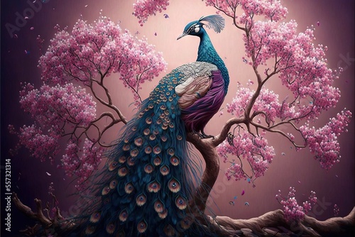  a painting of a peacock sitting on a tree branch with pink flowers in the background and a purple sky. Generative AI