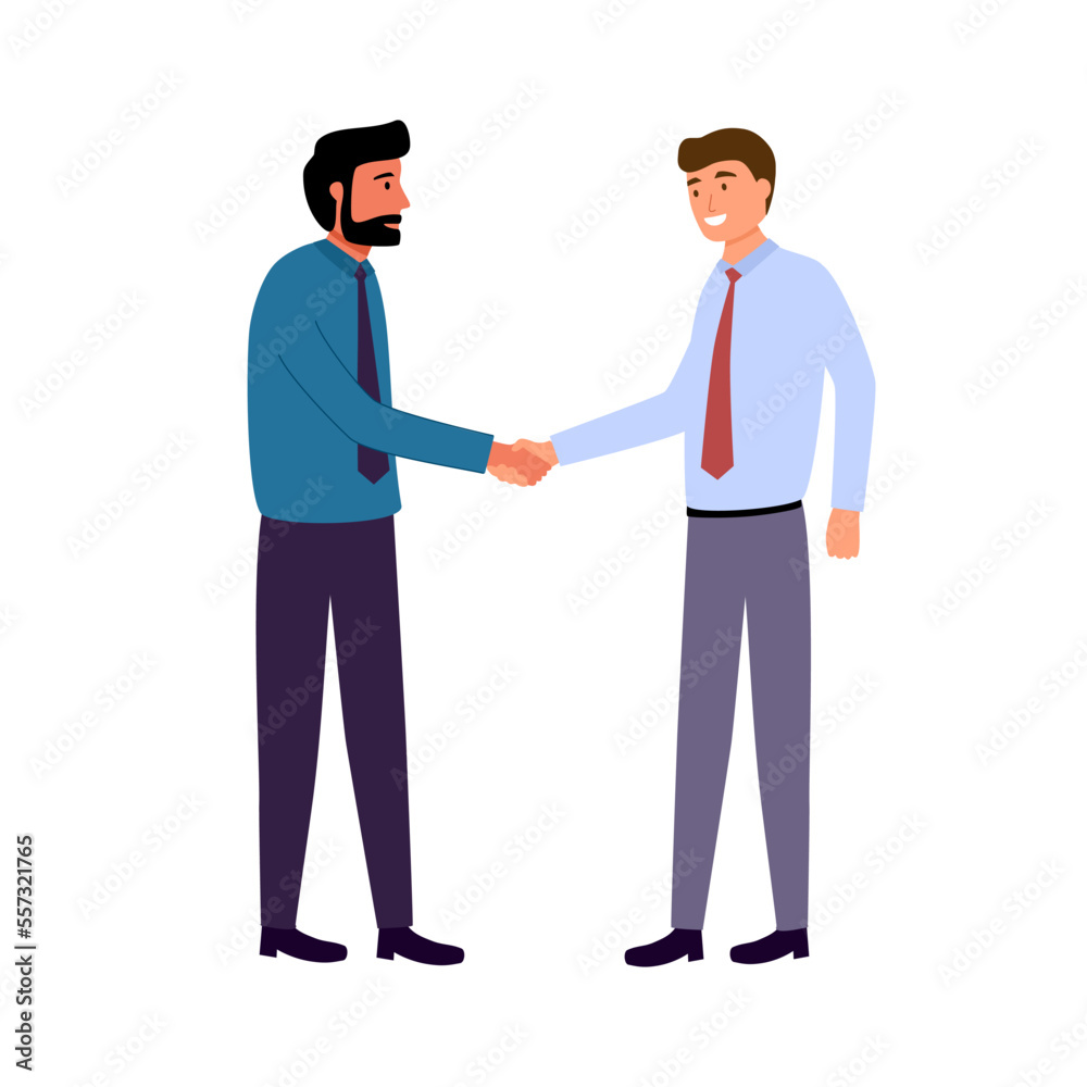 Two businessmen shaking hands in flat design on white background. Business greeting concept vector illustration. Two businessmen shaking hands in flat design on white background. Business greeting concept vector illustration.