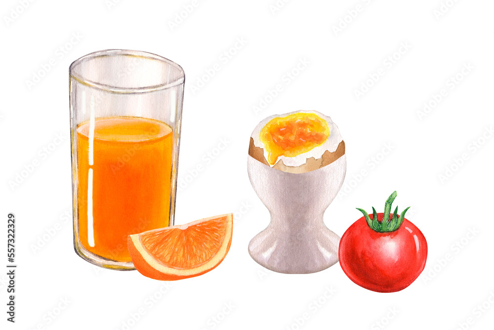 Fresh products for Breakfast: tomato, egg on a stand, a glass of orange juice. Hand drawn watercolor illustration isolated on white background