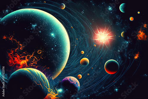 illustration. Background of deep interstellar space. Comets  planets  moons  and brilliant stars. many imaginative science fiction settings. art in space. Generative AI
