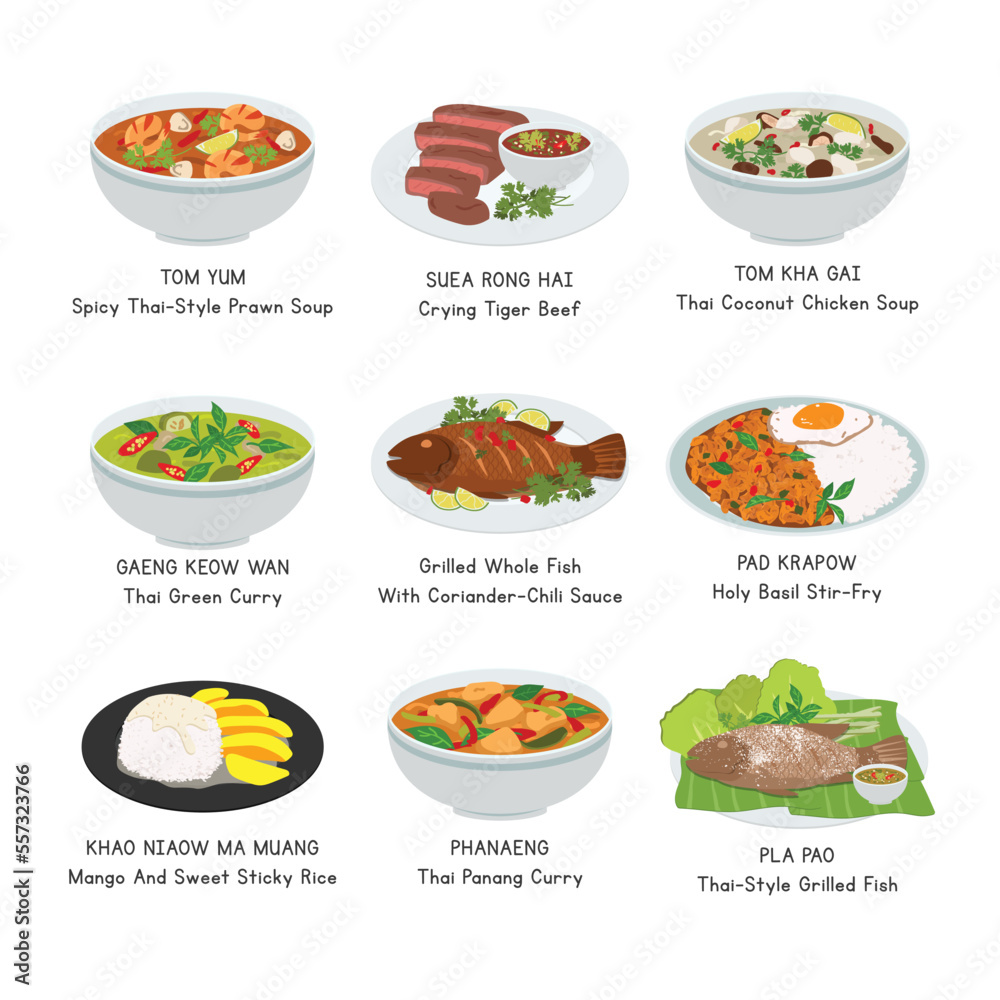 Thai Food vector set. Set of famous dishes in Thailand flat vector illustration, clipart cartoon. Tom Yum, Tom Kha Gai, Crying Tiger Beef, Pla Pao. Asian food. Thai cuisine. Thai foods vector design