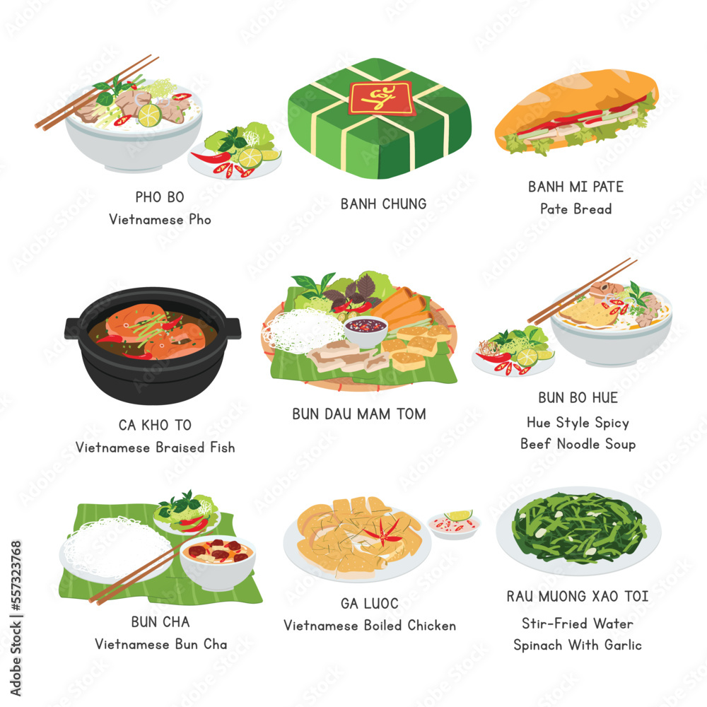 Vecteur Stock Vietnamese Food vector set. Set of famous dishes in