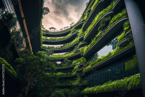 Cocneptual Ai generated image of Singapore, Singapore October 15, 2017 The hotel Parkroyal atop Pickering's green natural facade. Generative AI