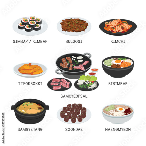Korean Food vector set. Set of famous dishes in Korea flat vector illustration, clipart cartoon. Kimchi, Sundae, Tteokbokki, Bulgogi, Kimbap. Asian food. Chinese cuisine. Chinese foods vector design