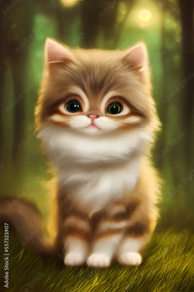 Cute little Kitty ,cat with big eyes in the nature ,garden ,forest digital illustration Cute little Kitty ,cat with big eyes in the nature ,garden ,forest digital illustration