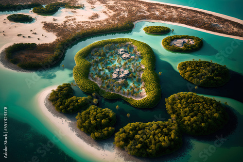 Conceptual Ai Generated Image (not actual) - aerial picture of Ras al Khaimah in the United Arab Emirates above a mangrove forest. Generative AI photo