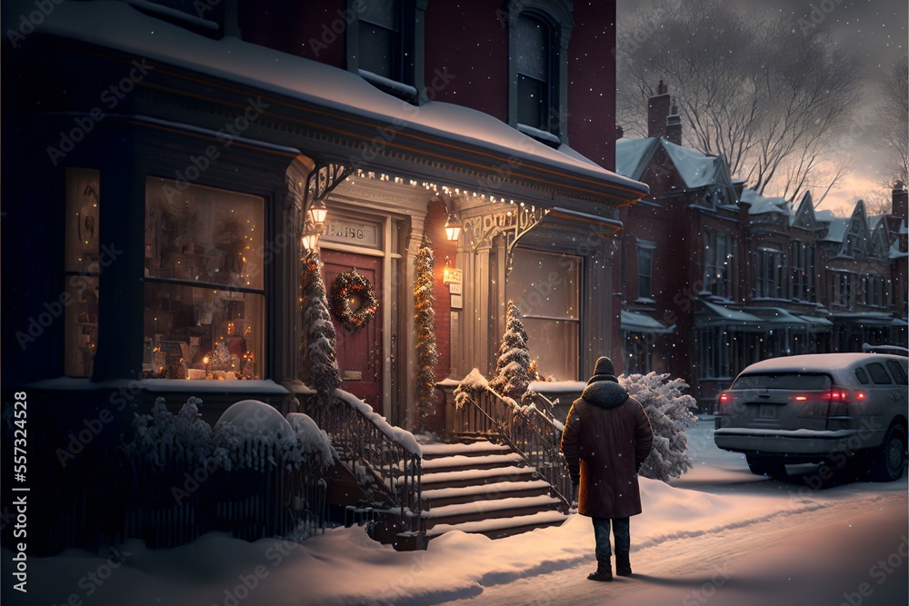 snowy street scene with people bundled up in warm clothing and holiday lights twinkling in the windows of houses, REALISTIC (AI Generated)