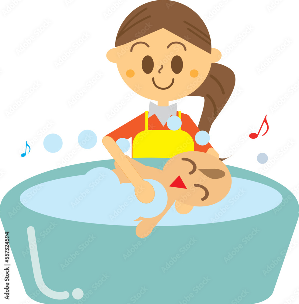新生児の赤ちゃんんをベビーバスで沐浴させている女性のイラスト・母親・親子・洗う・子育て・育児