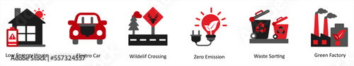 Six ecology icons in red and black as low energy house, electro car, wildelif crossing