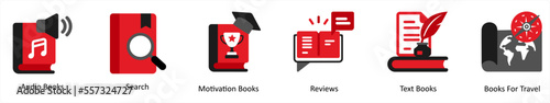 Six business icons in red and black as audio books, search, motivation books