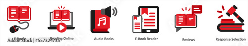Six business icons in red and black as e books, reading online, audio books