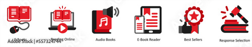 Six business icons in red and black as e books, reading online, audio books