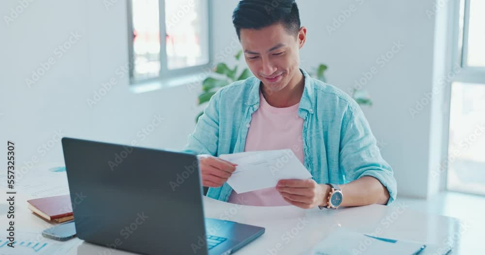Businessman with mail delivery, letter and communication in office with laptop at desk, b2b networking and technology. Happy, Asian man with professional job notification in Japanese modern office. Businessman with mail delivery, letter and communication in office with laptop at desk, b2b networking and technology. Happy, Asian man with professional job notification in Japanese modern office.