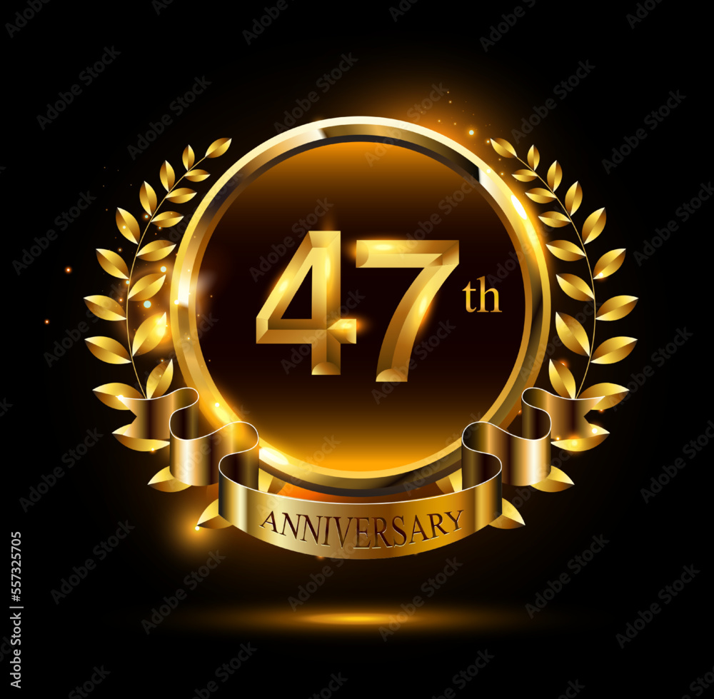 Naklejka premium 47th golden anniversary logo with ring & ribbon, luxury laurel wreath