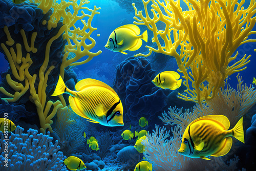 A stunning aquarium filled with fish and corals yellow zebrasome yellow tang. Generative AI photo