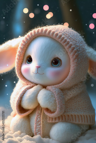 cute fluffy winter bunny in knitted robe, Generative AI
