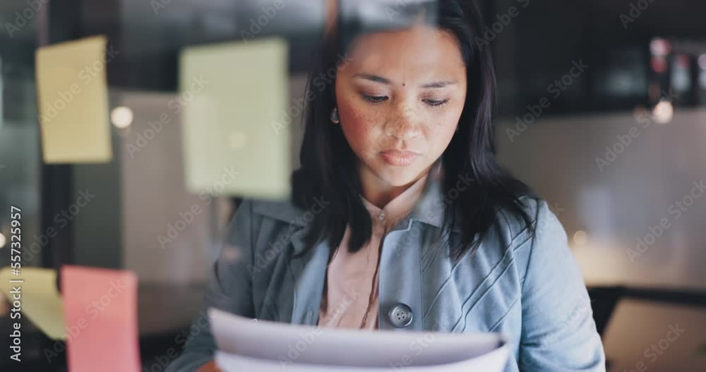 Sticky note, writing or woman planning a strategy for financial, sales or business growth in an office at night. Focus, data analysis or employee thinking of goals, mission or vision working on ideas