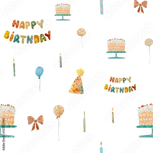 Party hat balloon birthday bow pattern watercolor 