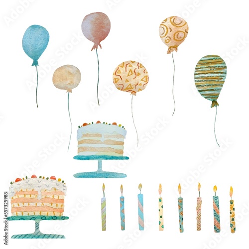 Cake candle balloon happy birthday set watercolor