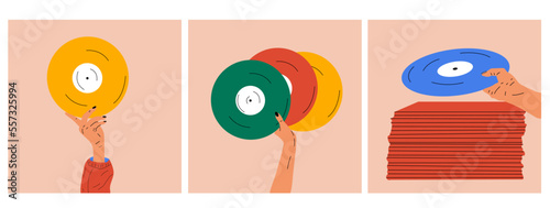 Set of three illustrations Hand holds an old vinyl record in her hands .Retro fashion style from 80s. Vector illustrations in trendy colors.	