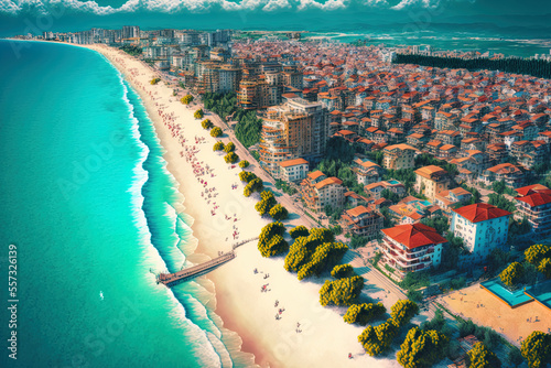 Aerial image of Sunny Beach, a well known vacation destination in Bulgaria. Generative AI © 2rogan