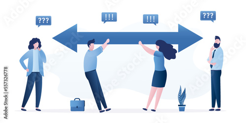 Difficult negotiations, business people pull the big arrow in different directions. Companies or business persons cannot agree, conflict, impasse. Communication, cooperation concept.