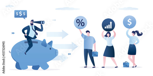 Business people offer various investment options, man rides a piggy bank and uses binoculars for chooses where to invest his savings. Passive income, retirement savings, money making.