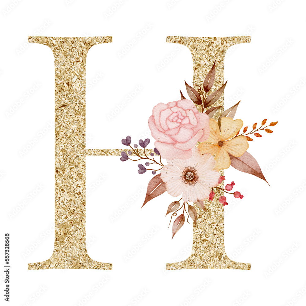 Floral alphabet, gold letter with watercolor flowers and leaf Stock ...