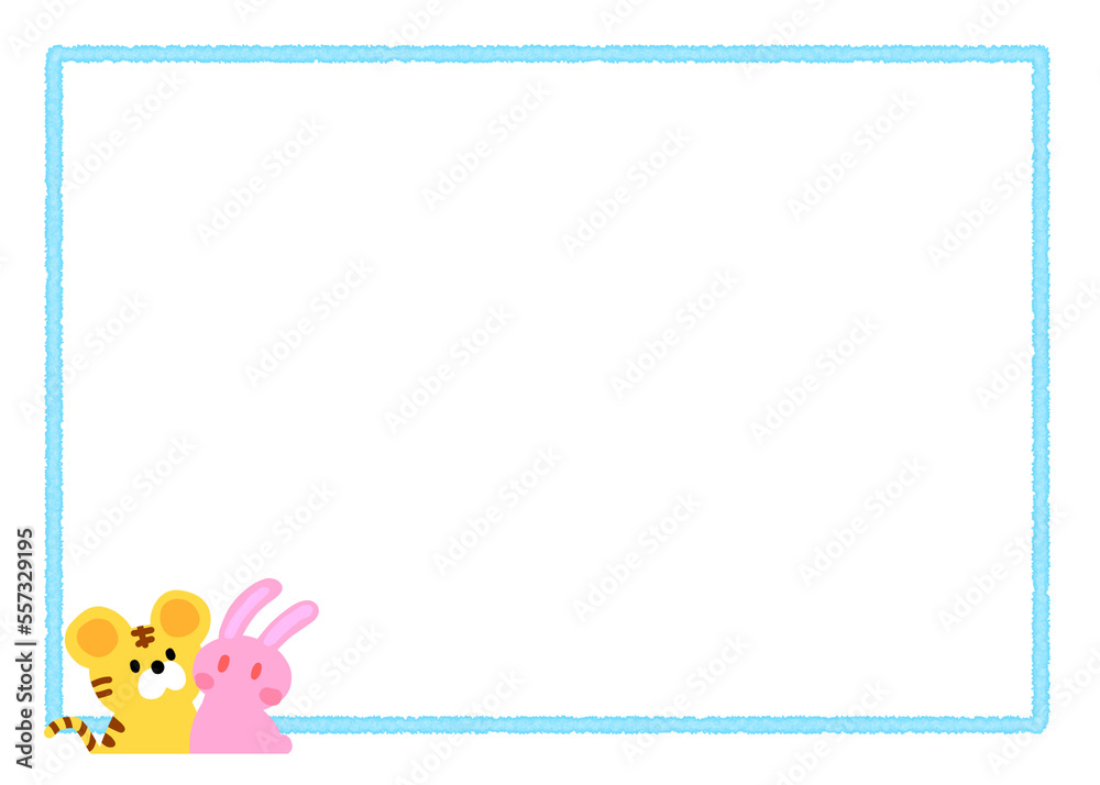 トラとうさぎとシンプルな透ける四角のフレーム　水色