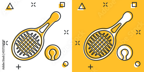 Tennis racket icon in comic style. Gaming racquet cartoon vector illustration on isolated background. Sport activity splash effect sign business concept.
