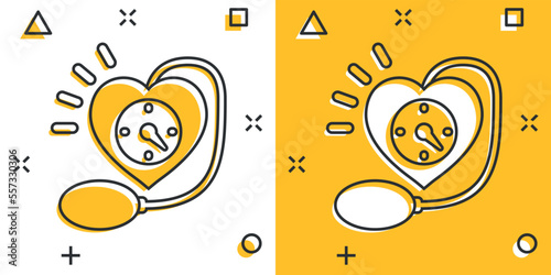 Arterial blood pressure icon in comic style. Heartbeat monitor cartoon vector illustration on isolated background. Pulse diagnosis splash effect sign business concept.