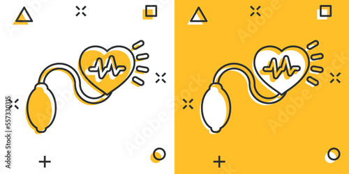 Arterial blood pressure icon in comic style. Heartbeat monitor cartoon vector illustration on isolated background. Pulse diagnosis splash effect sign business concept.
