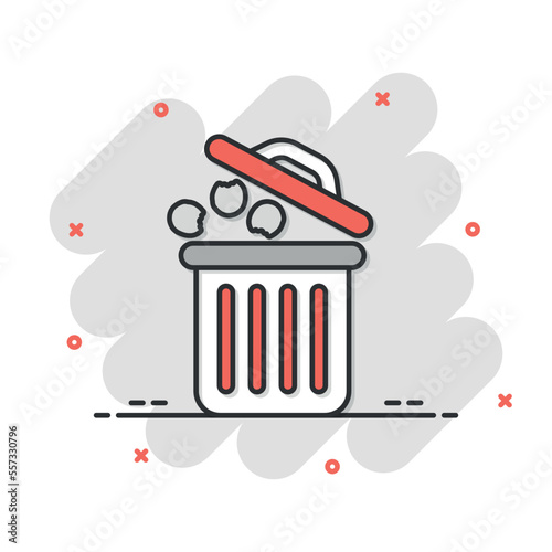 Garbage bin icon in comic style. Recycle cartoon vector illustration on white isolated background. Trash basket splash effect sign business concept.