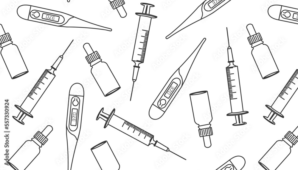 doodle pattern with medical devices, background for the form of a medical company, a poster, a jar for a pharmacy with a syringe, a thermometer, a bottle on a white background with black lines