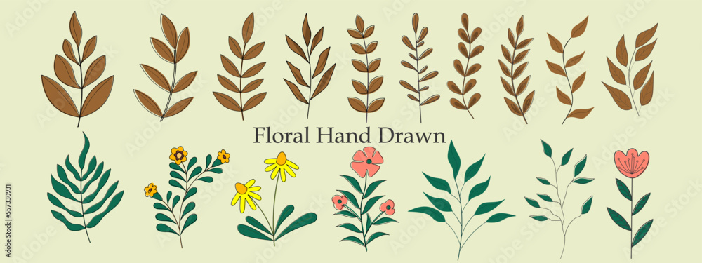 collection of hand drawn leaves and flowers. Decorative beauty elegant illustration for design hand drawn flower. icon vector collection of hand drawn leaves and flowers. Decorative beauty elegant illustration for design hand drawn flower. icon vector