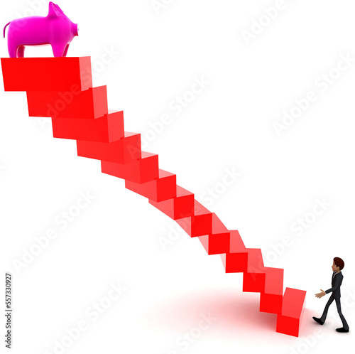 3d man walking upwards to piggy bank with the help of stairs concept